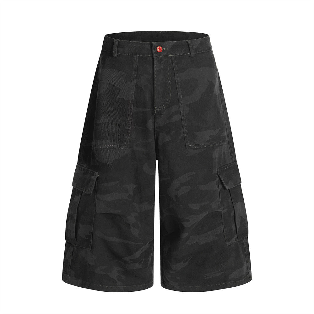 Camouflage Denim Seven-Quarter Shorts Loose Wide-Leg